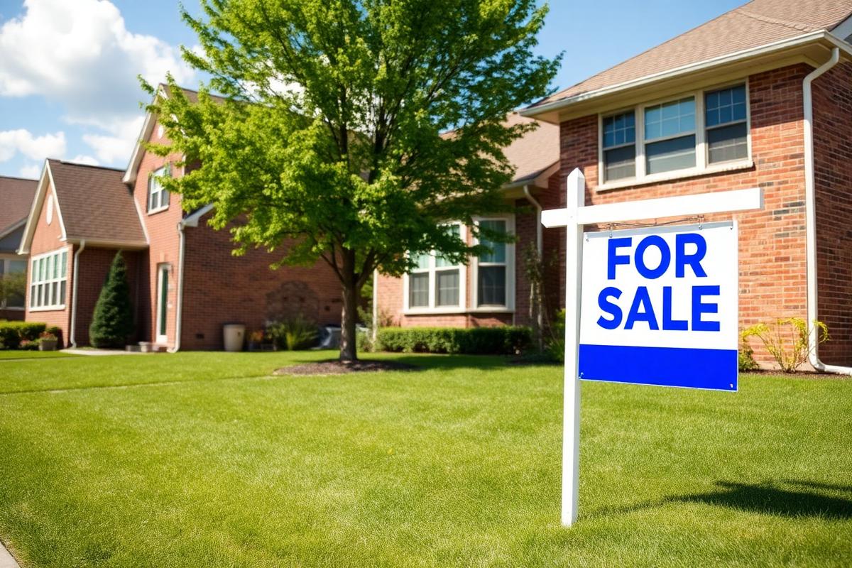 Residential brick homes with a for-sale sign in a Columbus, Ohio neighborhood